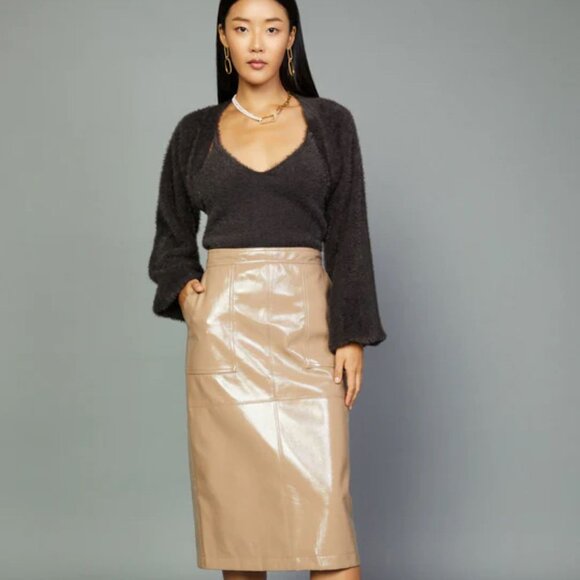 New with Tags, Current Air Vegan Faux Patent Leather Midi Tan Skirt in SZ Small - Picture 1 of 7